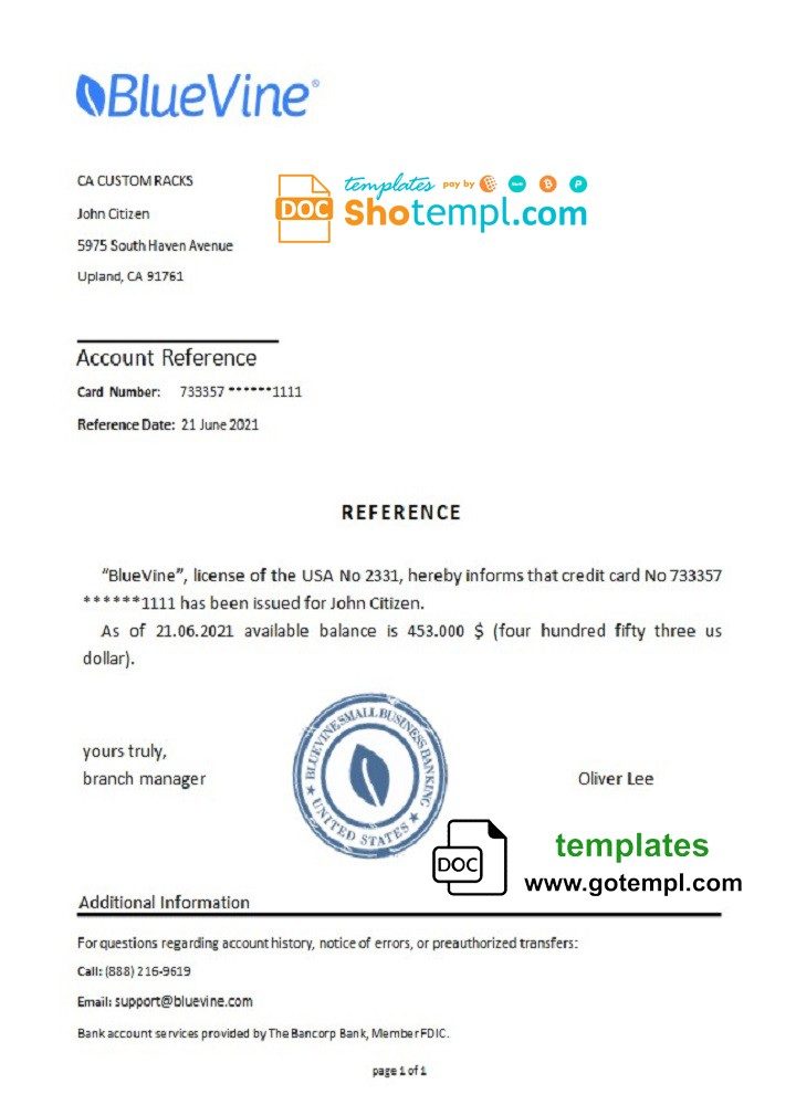 USA BlueVine bank account reference letter example in Word and PDF format