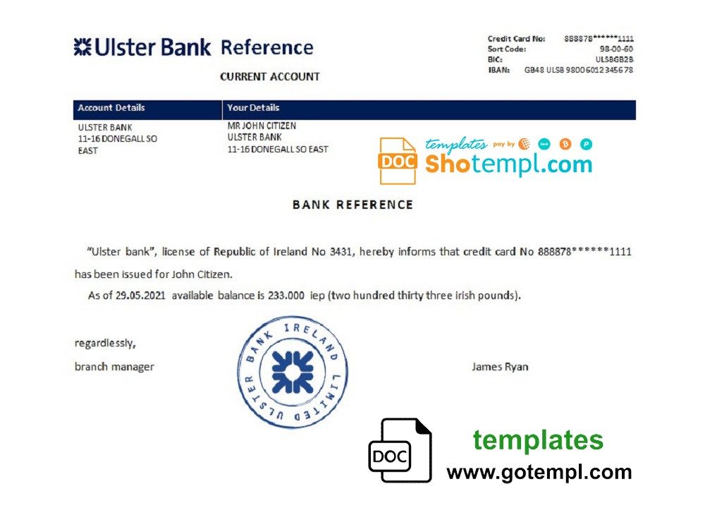 Irish Ulster Bank bank account reference letter example in Word and PDF format