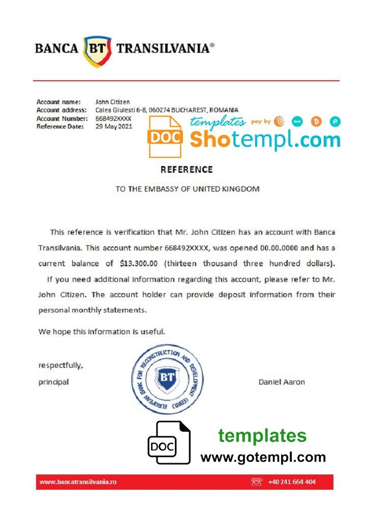 Romanian Banca Transilvania bank account reference letter example in Word and PDF format