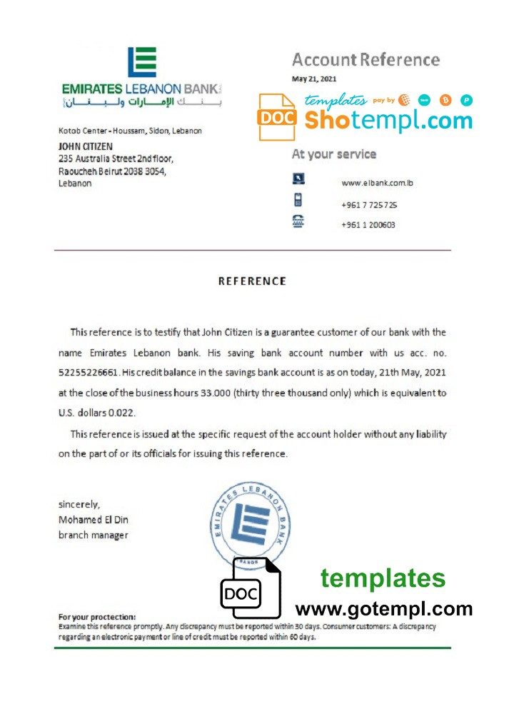 Lebanese Emirates Lebanese Bank bank account reference letter example in Word and PDF format