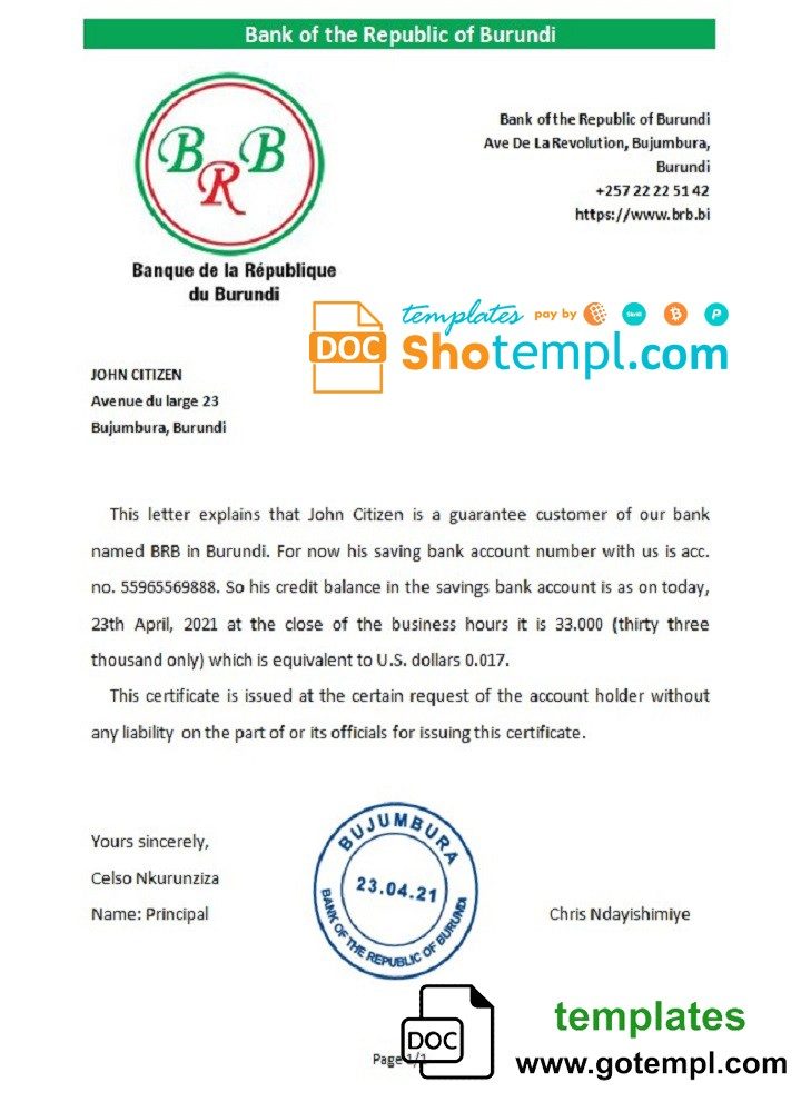 Burundian The Republic Bank of Burundian bank account reference letter example in Word and PDF format
