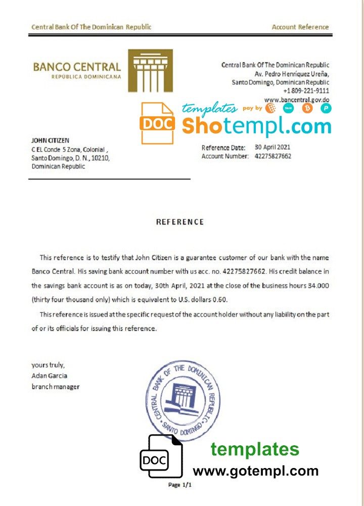 Dominican Central Bank Of The Dominicann Republic bank account balance reference letter example in Word and PDF format