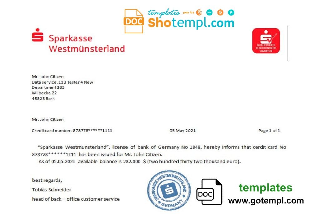 German Sparkasse bank account reference letter example in Word and PDF format
