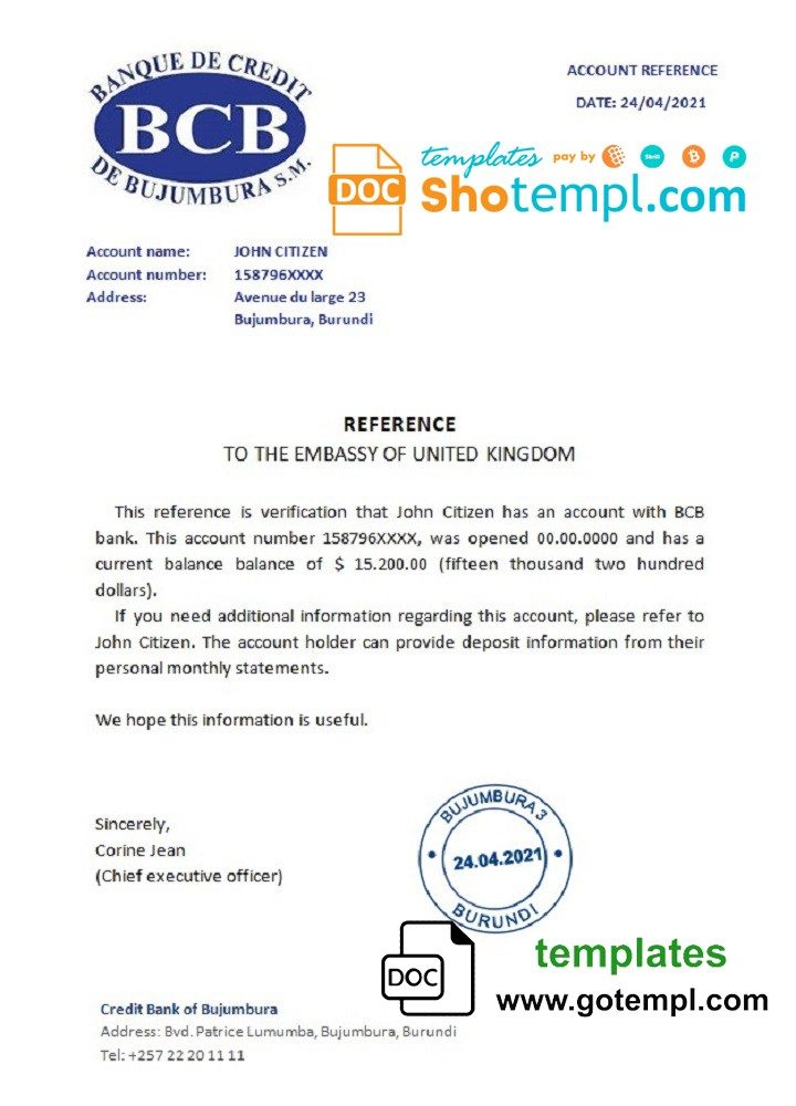 Burundian Credit Bank of Bujumbura bank account reference letter example in Word and PDF format