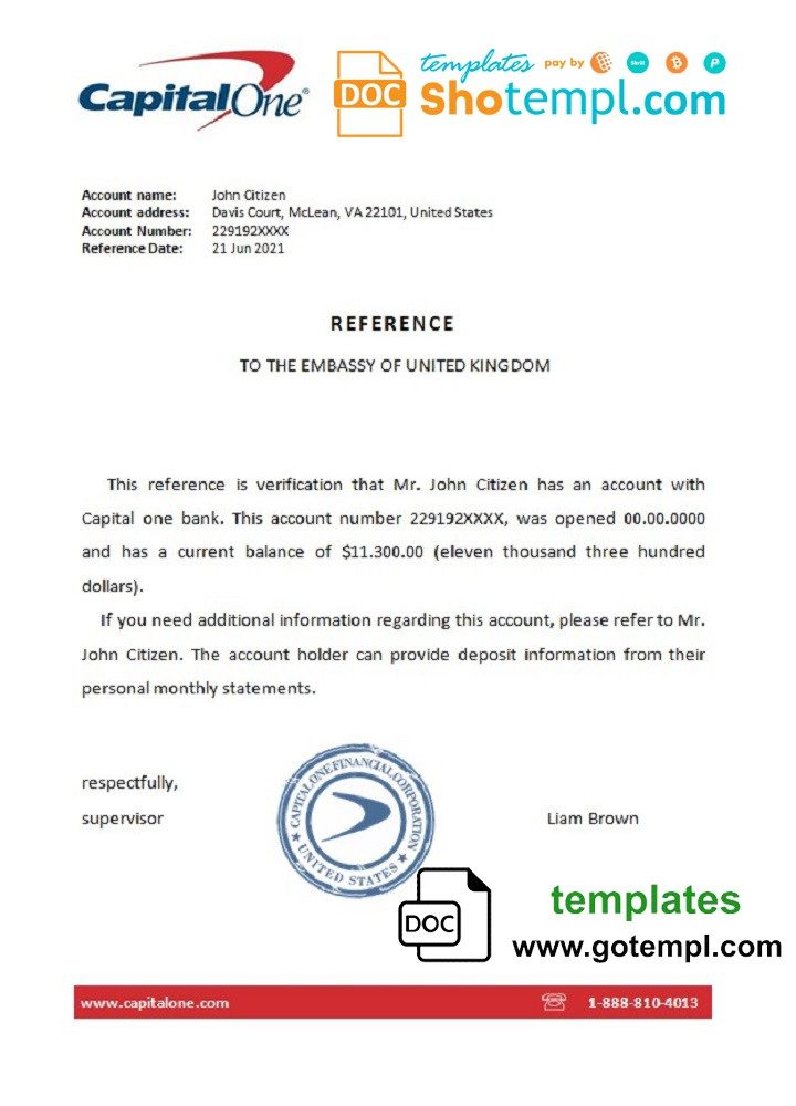USA Capital One bank account reference letter example in Word and PDF format