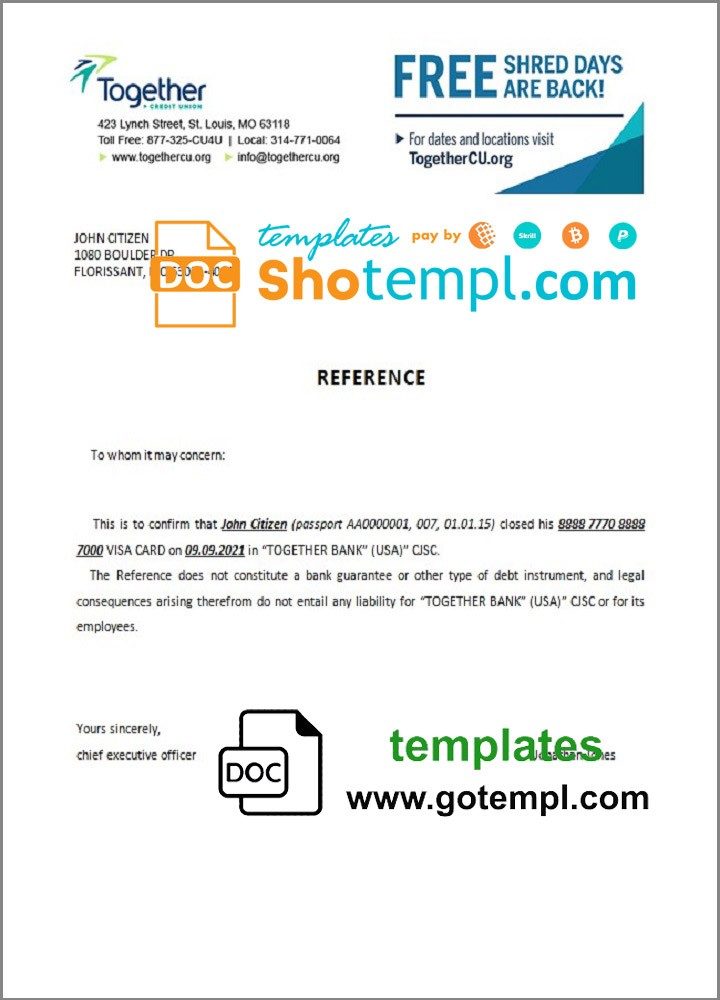 USA Together bank account closure reference letter example in Word and PDF format
