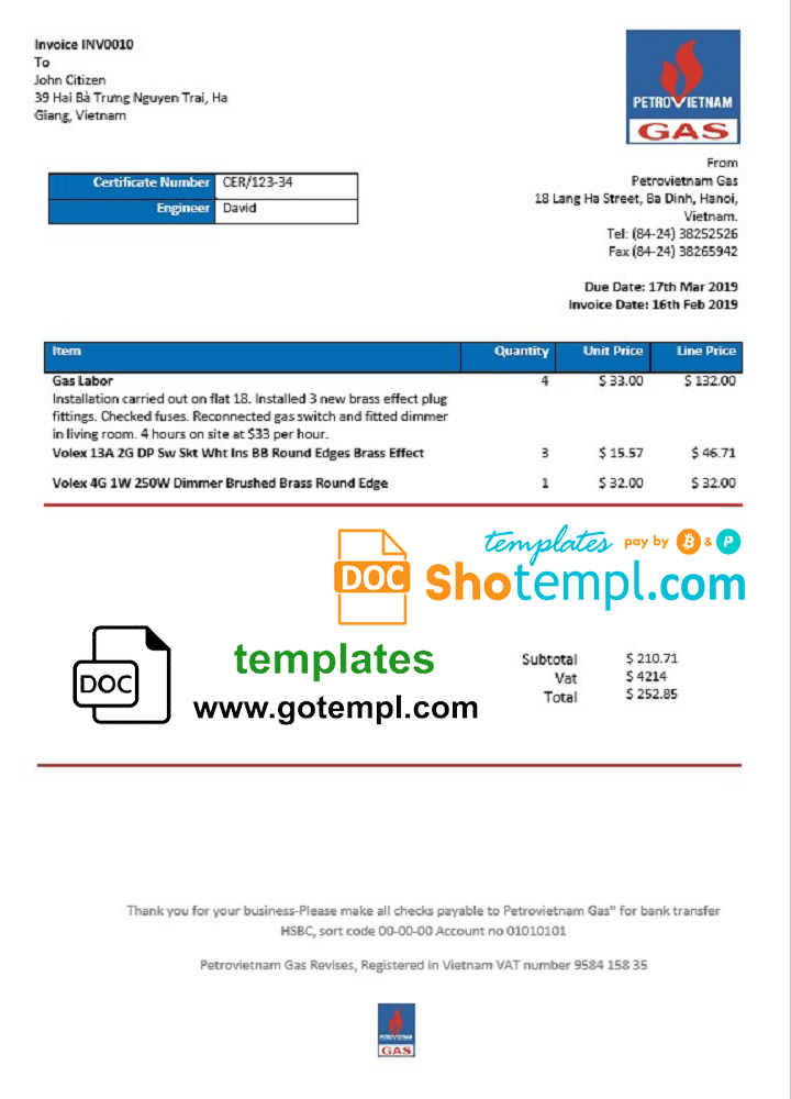 Vietnam Petrovietnam Gas utility bill download example in Word and PDF format