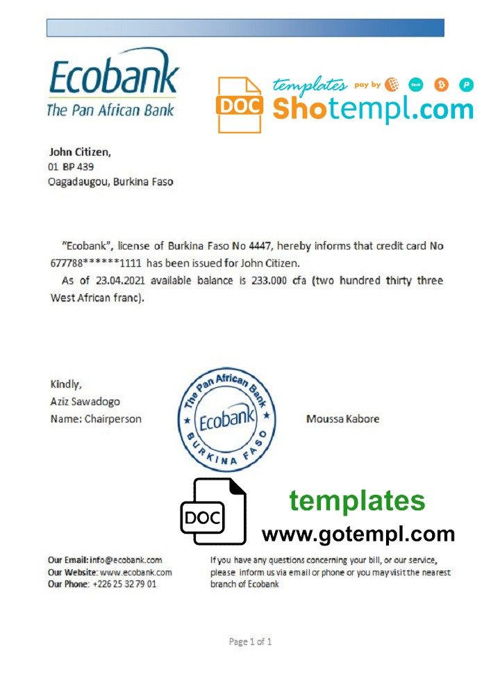 Burkinabé Ecobank bank reference letter example in Word and PDF format