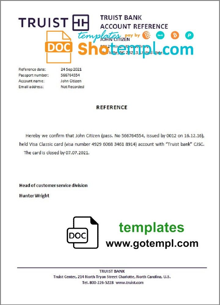 USA Truist Bank bank account closure reference letter example in Word and PDF format
