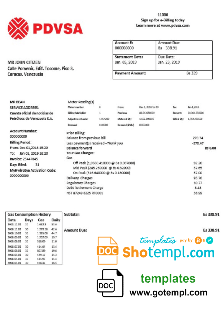 Venezuela PDVSA Gas utility bill download example in Word and PDF format