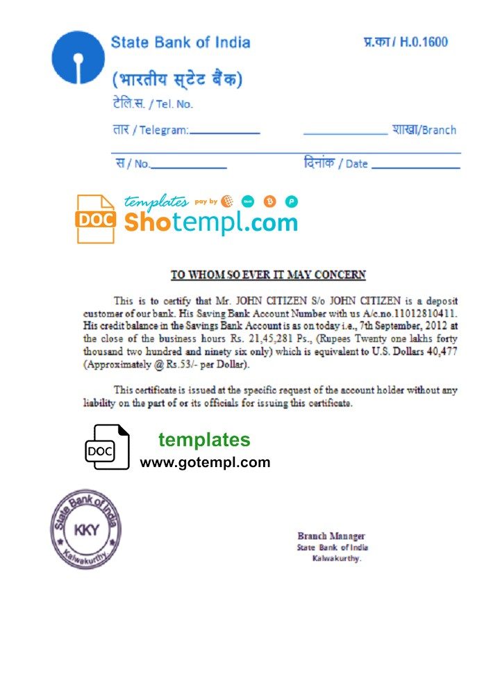 Indian State Bank of Indian reference letter example in Word and PDF format