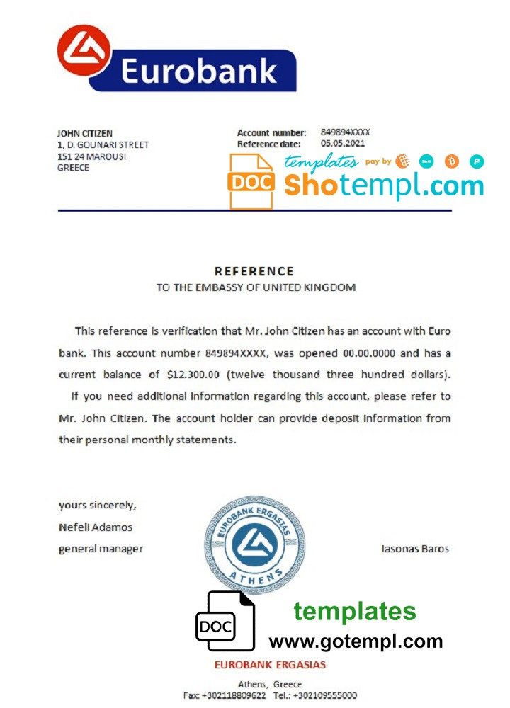 Greek Eurobank bank reference letter example in Word and PDF format