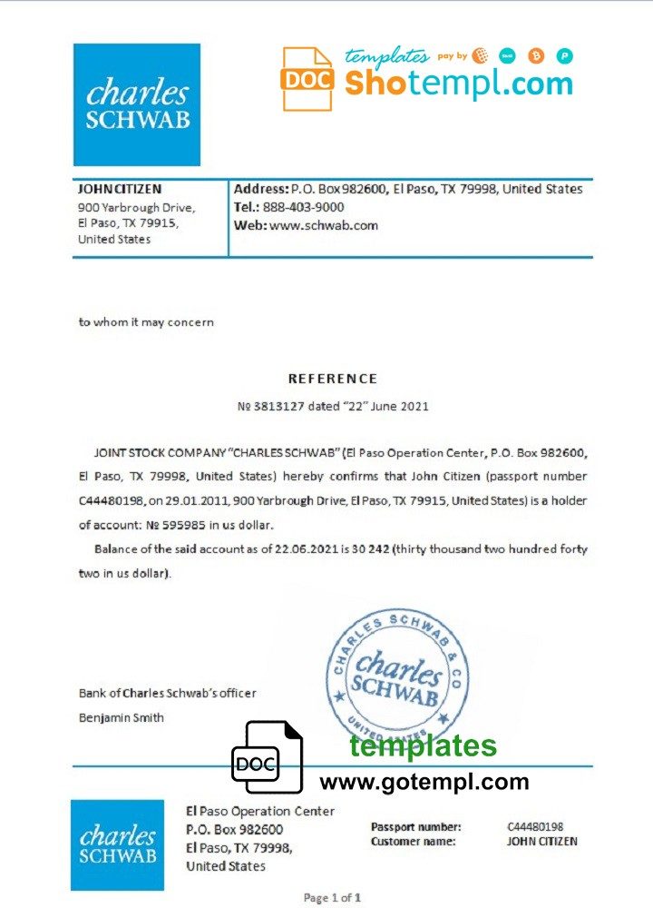 USA Charles Schwab bank reference letter example in Word and PDF format