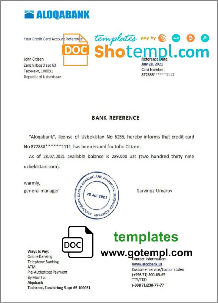 Uzbekistani Aloqabank account balance reference letter example in Word and PDF format