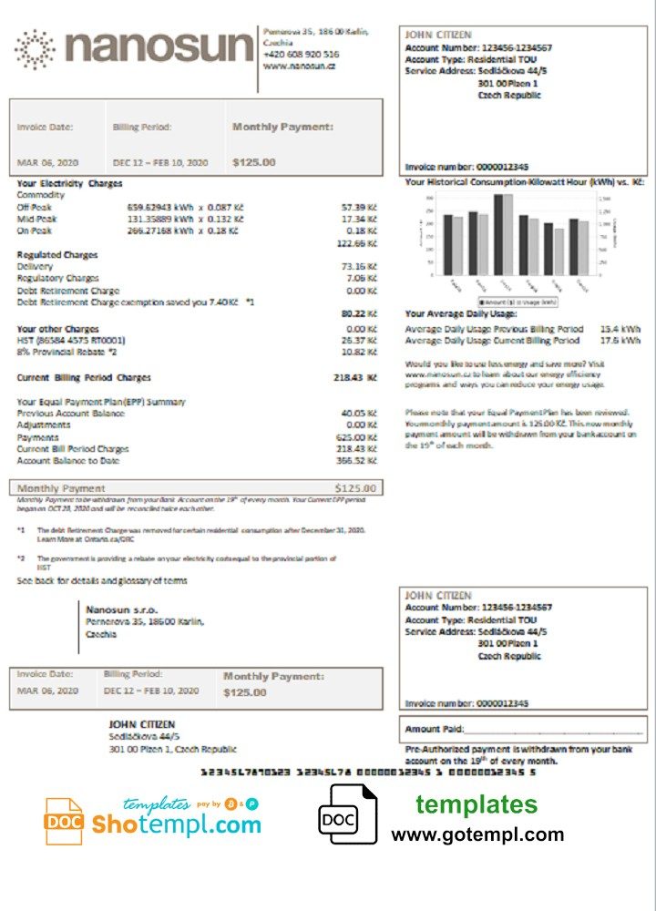 Czech Nanosun s.r.o utility bill download example in Word and PDF format