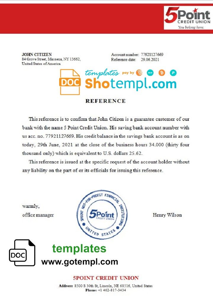 USA 5Point bank account reference letter example in Word and PDF format