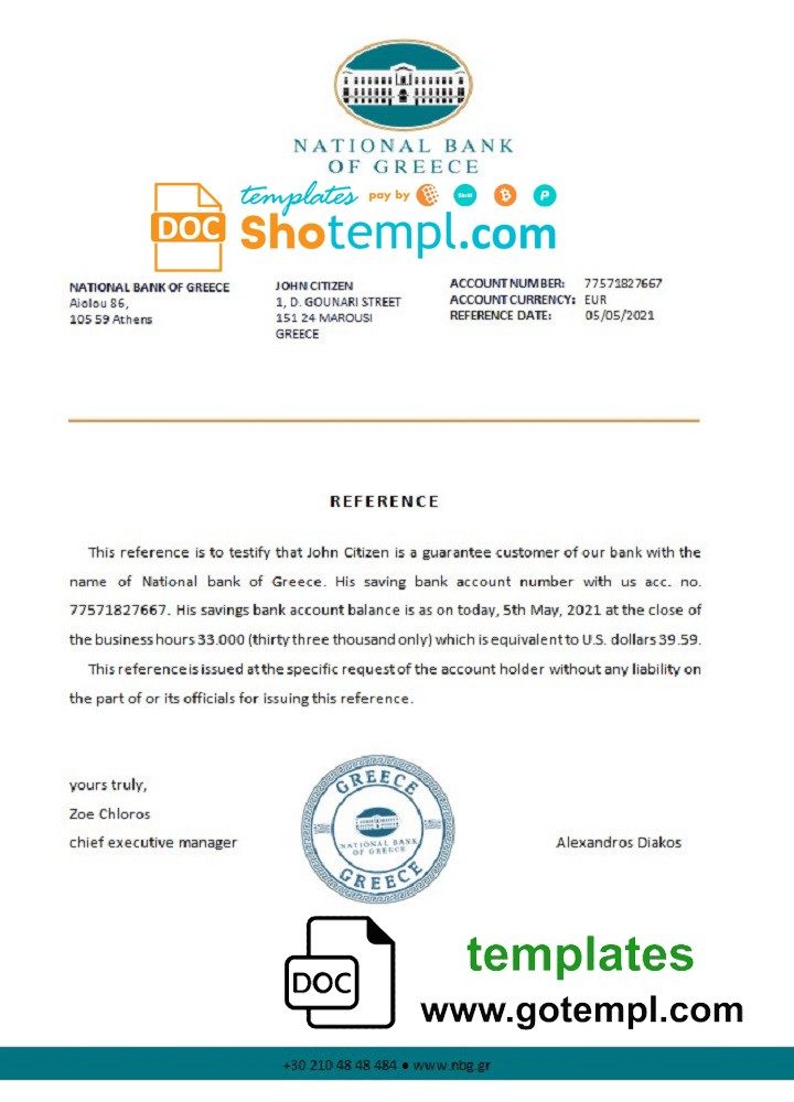 Greek National Bank of Greek bank reference letter example in Word and PDF format