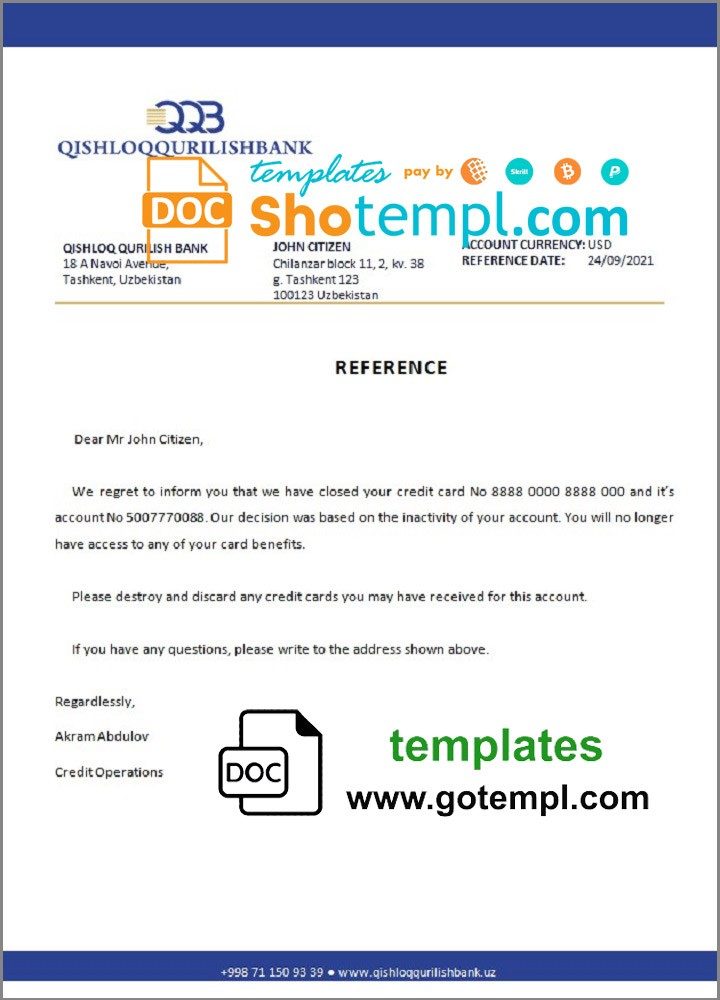 Uzbekistani Qishloq Qurilish Bank account closure reference letter example in Word and PDF format
