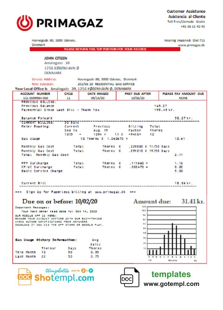 Danish Primagaz Danish gas utility bill download example in Word and PDF format