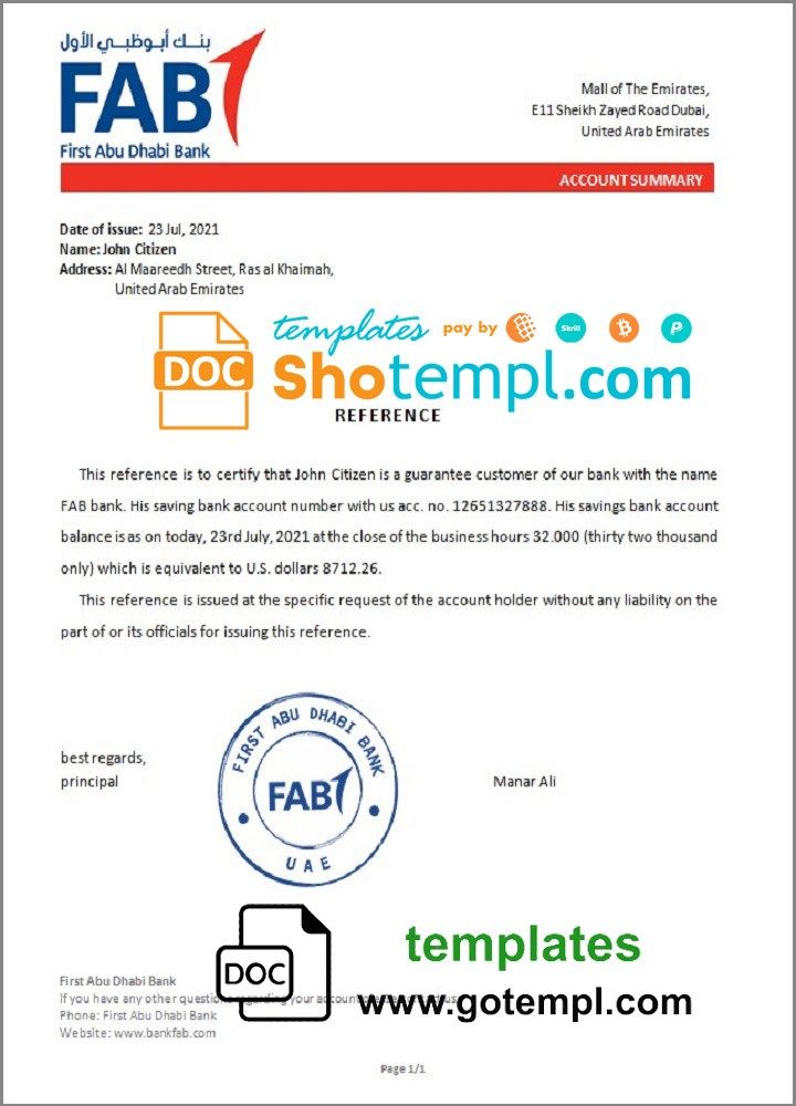 UAE FAB bank account balance reference letter example in Word and PDF format