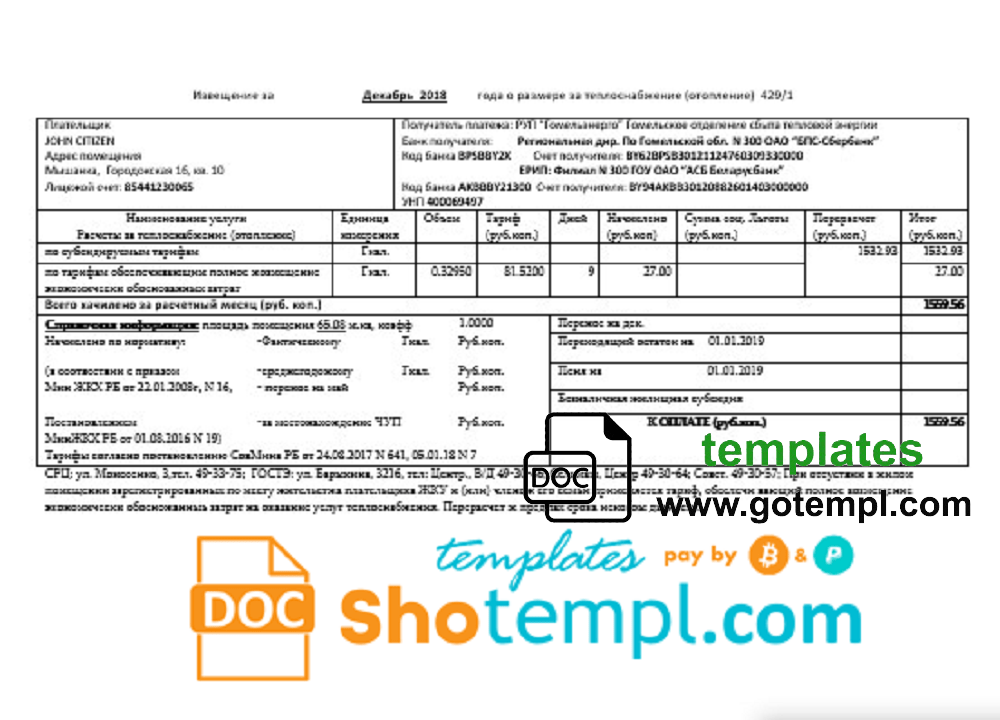 Belarusian Gomel energo utility bill download example in .doc and .pdf format, fully editable