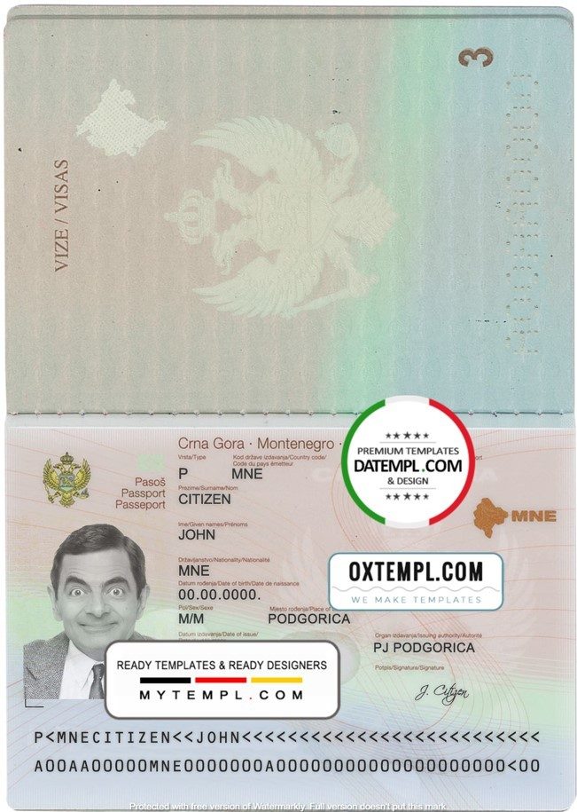 Montenegrin passport example in PSD format