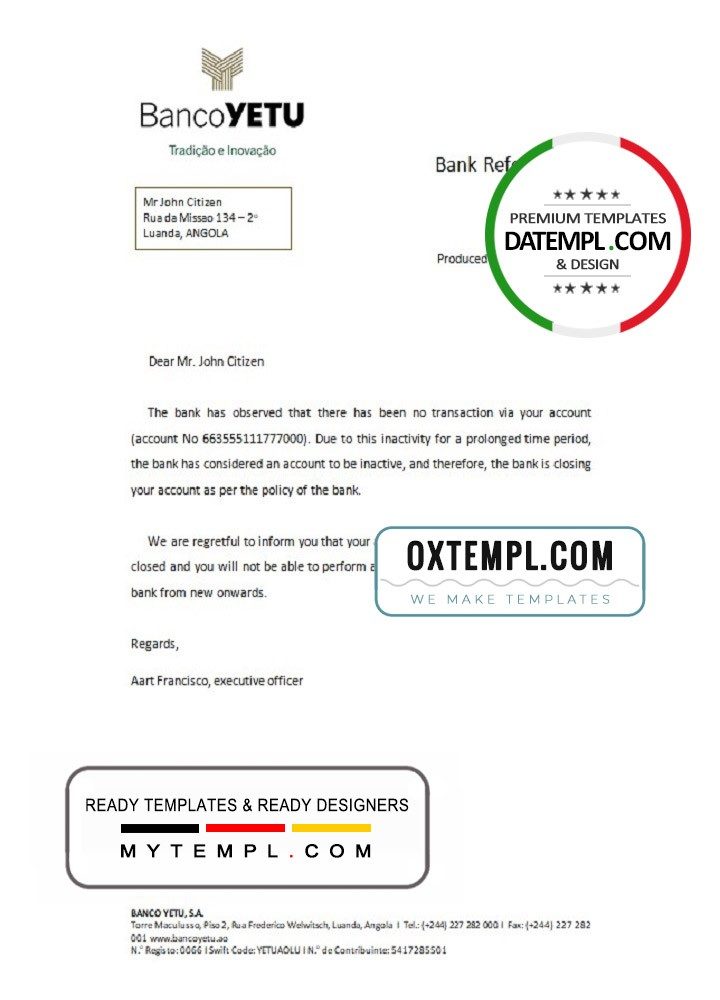 Angolan Banco Yetu bank account closure reference letter example in Word and PDF format