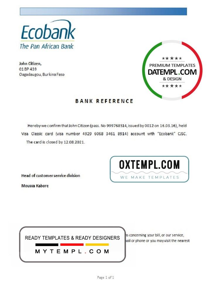 Burkinabé Ecobank bank account closure reference letter example in Word and PDF format