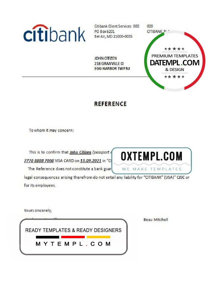 USA Citibank bank account closure reference letter example in Word and PDF format