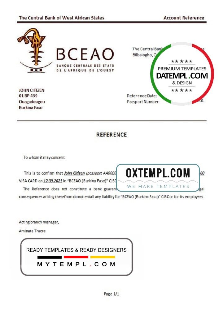 Burkinabé The Central Bank of West African States bank account closure reference letter example in Word and PDF format