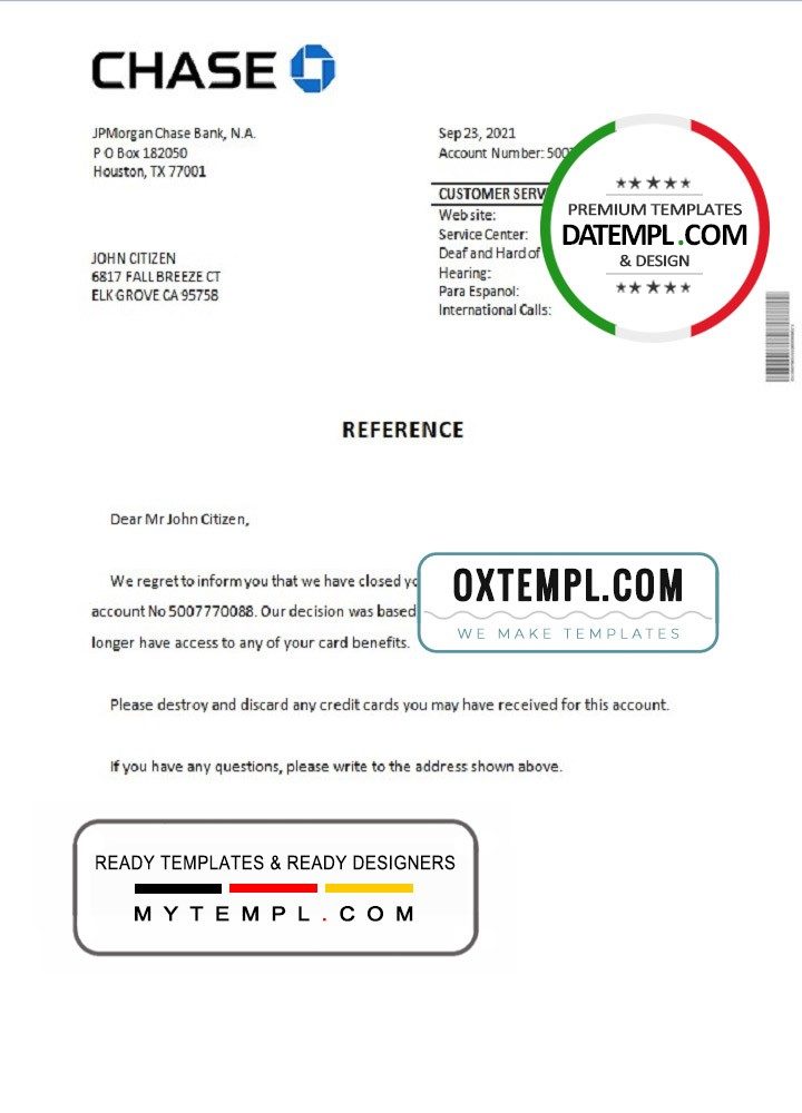 USA Chase bank account closure reference letter example in Word and PDF format