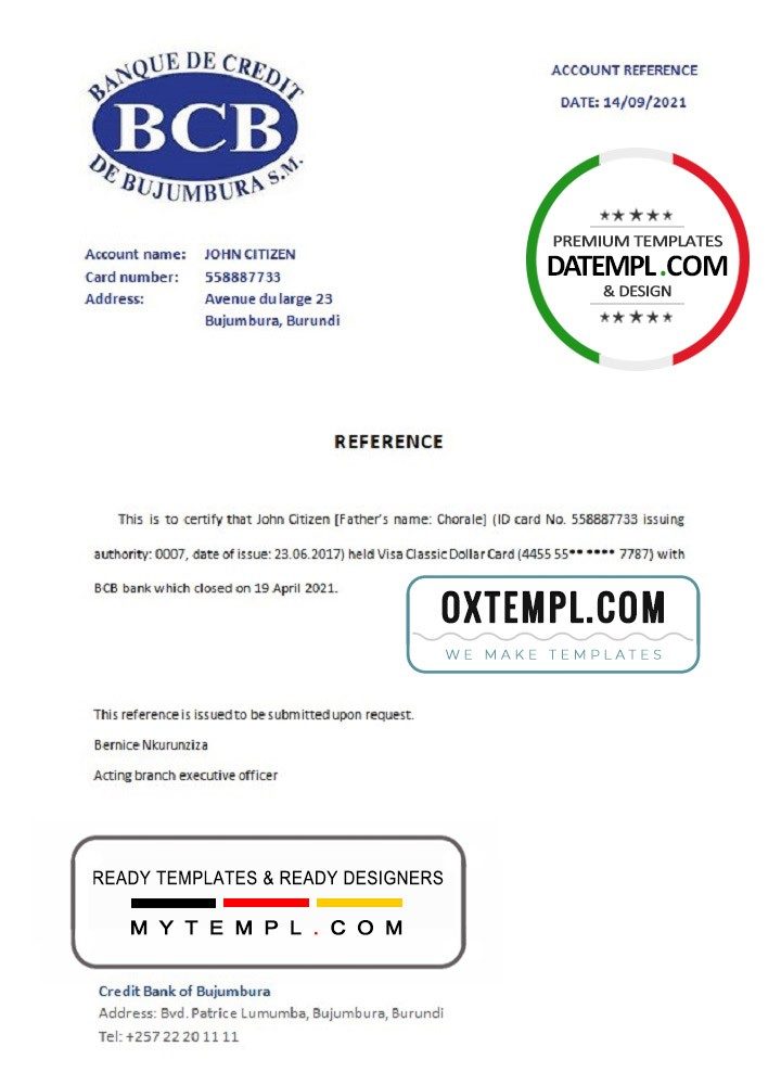 Burundian Credit Bank of Bujumbura bank account closure reference letter example in Word and PDF format