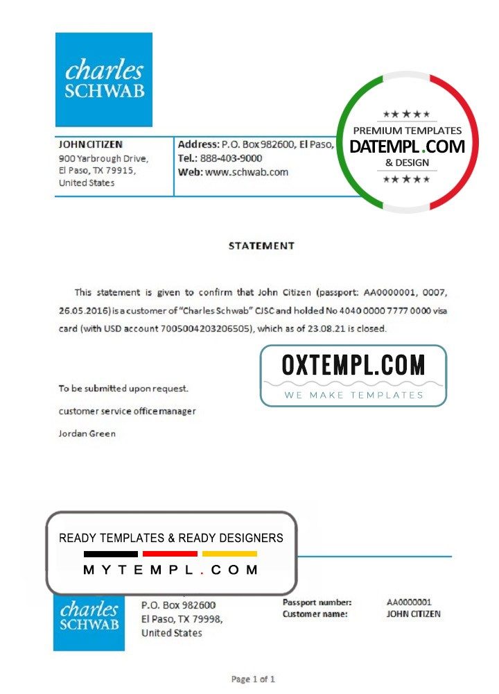 USA Charles Schwab bank account closure reference letter example in Word and PDF format