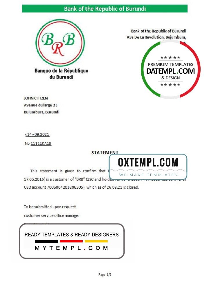 Burundian The Republic Bank of Burundian bank account closure reference letter example in Word and PDF format