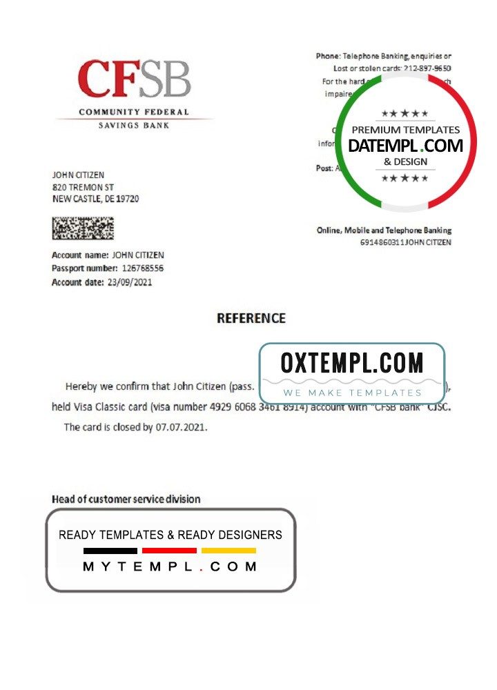 USA CFSB bank account closure reference letter example in Word and PDF format