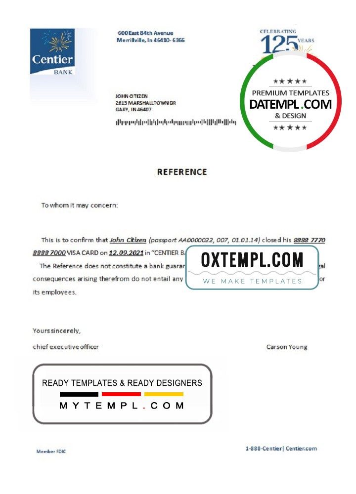 USA Centier Bank bank account closure reference letter example in Word and PDF format