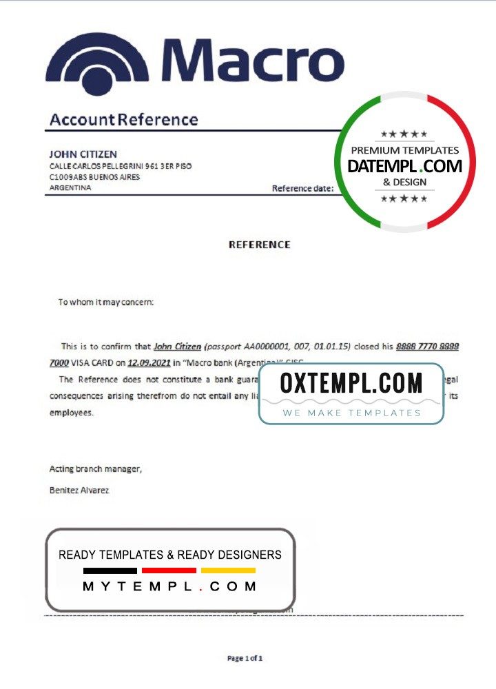Argentinian Banco Macro bank account closure reference letter example in .doc and .pdf format