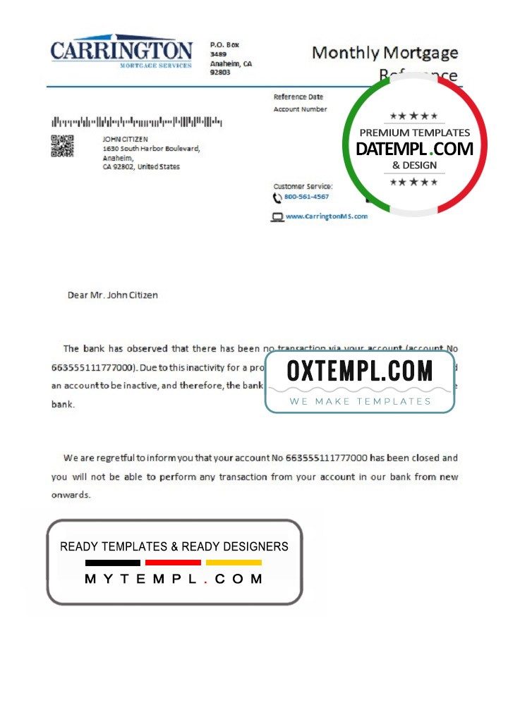 USA Carrington bank account closure reference letter example in Word and PDF format