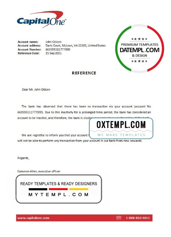 USA Capital One bank account closure reference letter example in Word and PDF format