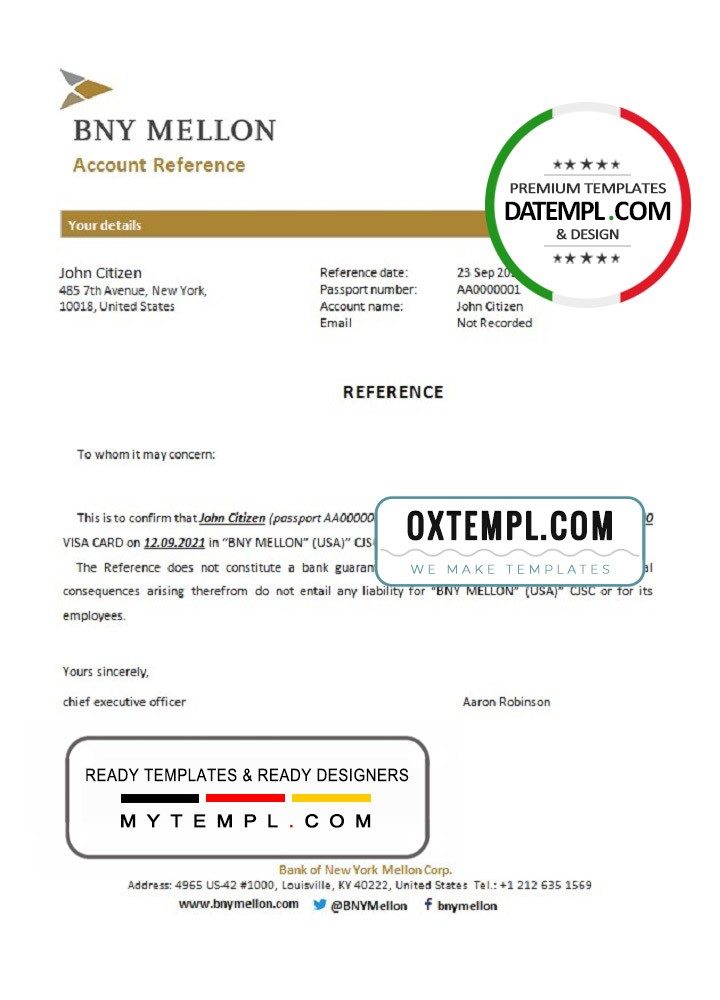 USA BNY Mellon bank account closure reference letter example in Word and PDF format