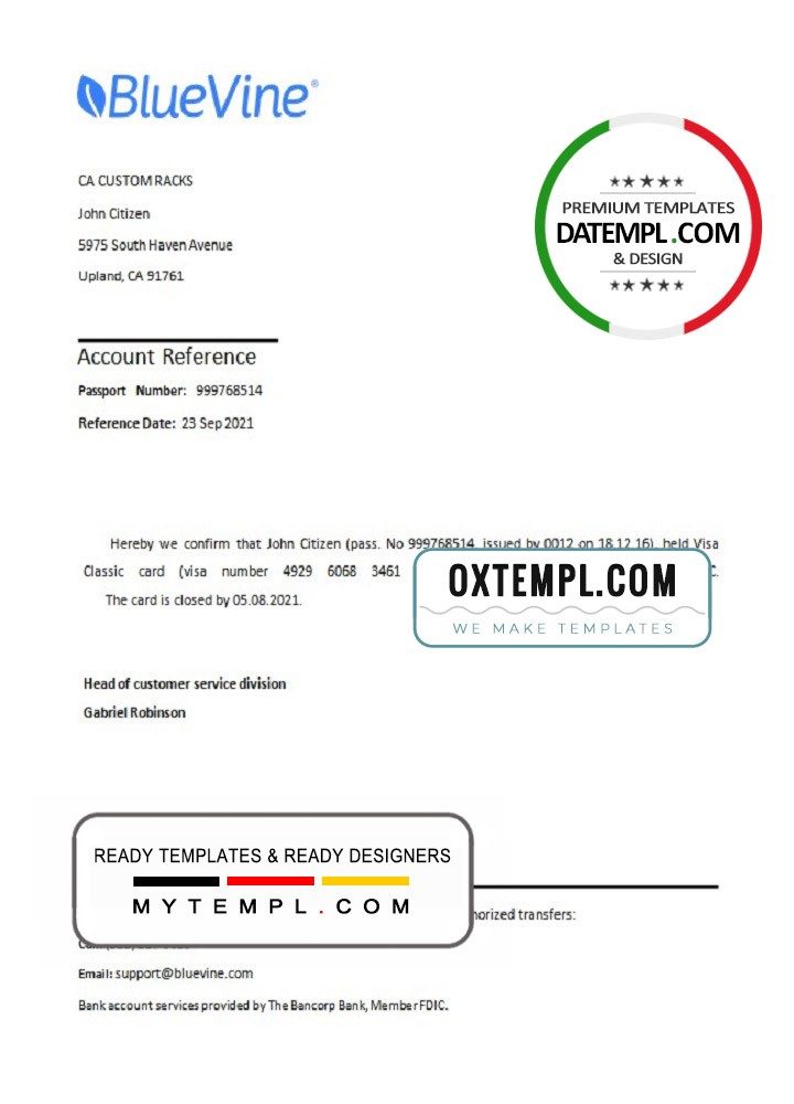 USA BlueVine bank account closure reference letter example in Word and PDF format
