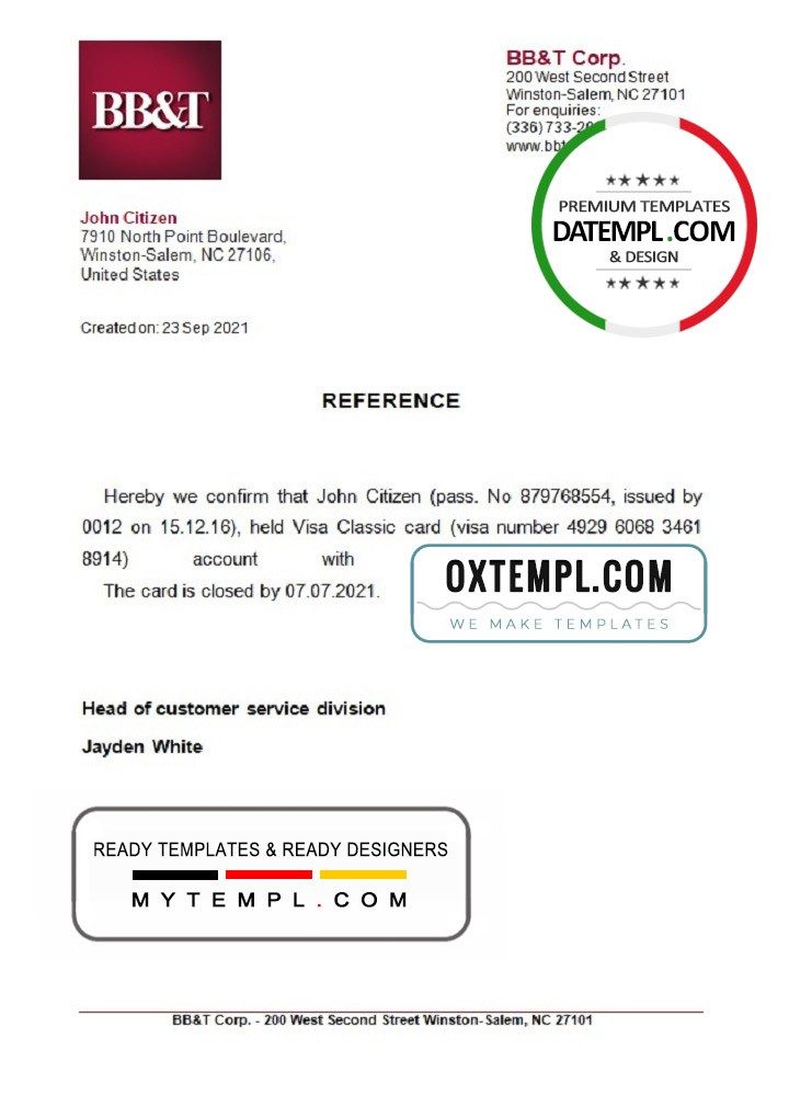 USA BB&T bank account closure reference letter example in Word and PDF format