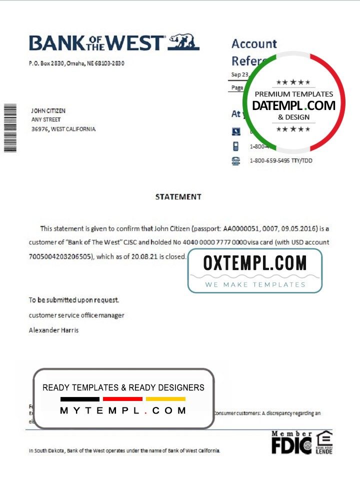 USA Bank of the West bank account closure reference letter example in Word and PDF format