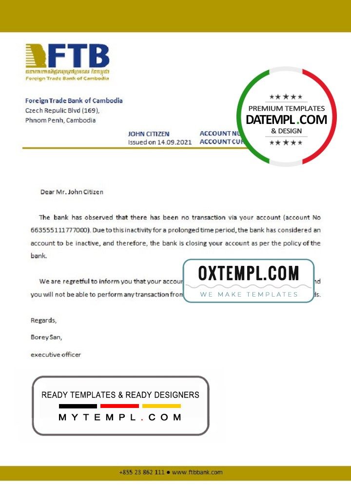 Cambodian Foreign Trade Bank of Cambodian bank account closure reference letter example in Word and PDF format