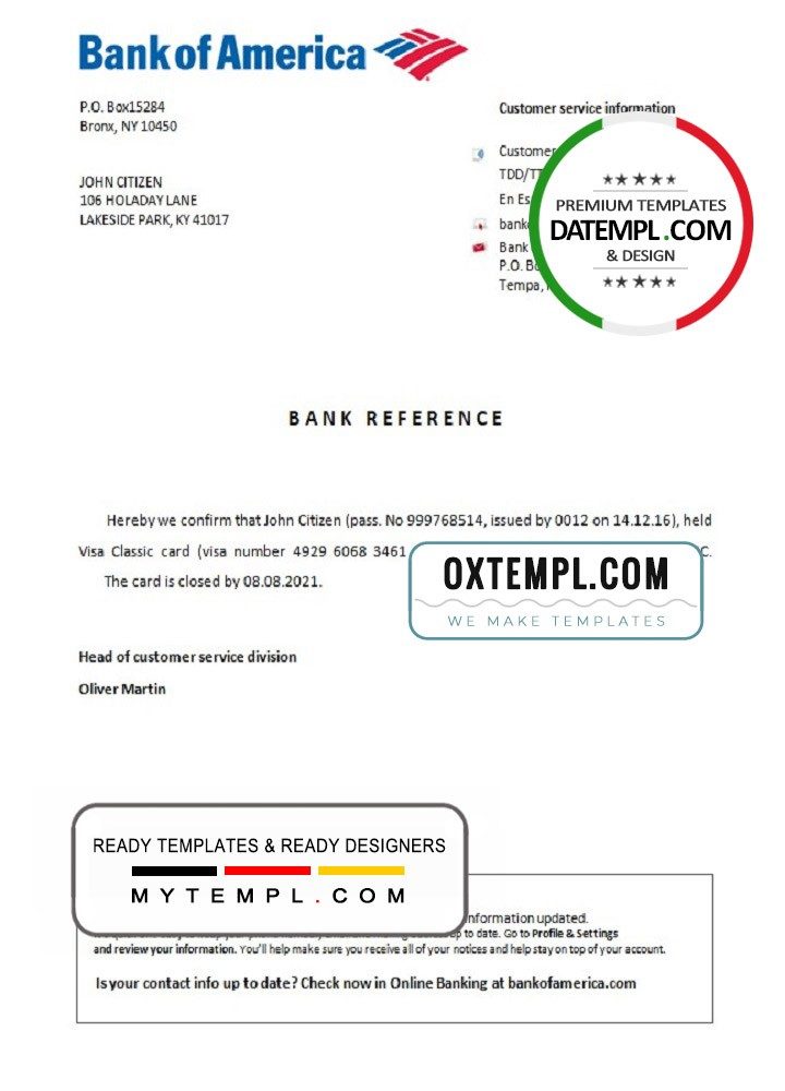 USA Bank of America bank account closure reference letter example in Word and PDF format