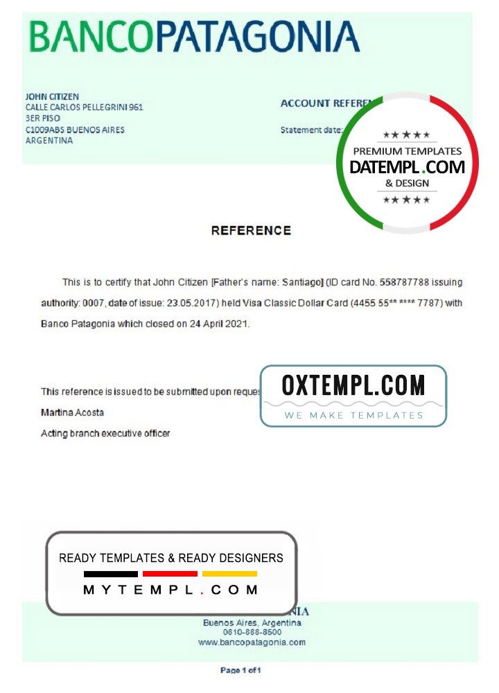 Argentinian Banco Patagonia bank account closure reference letter example in Word and PDF format
