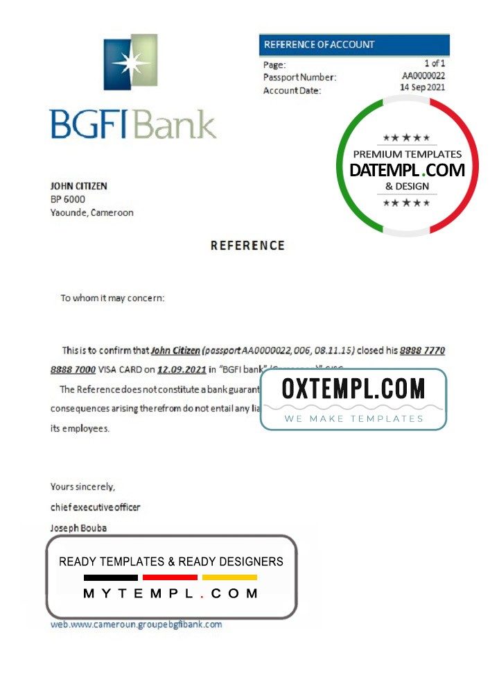 Cameroonian BGFI Bank account closure reference letter example in Word and PDF format