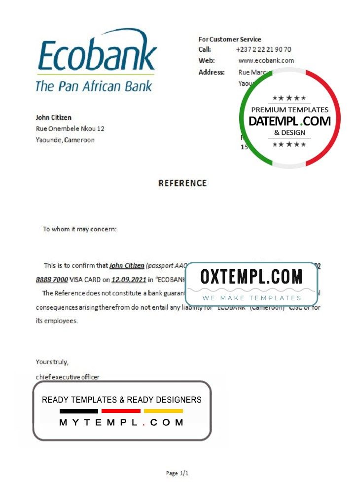 Cameroonian Ecobank account closure reference letter example in Word and PDF format
