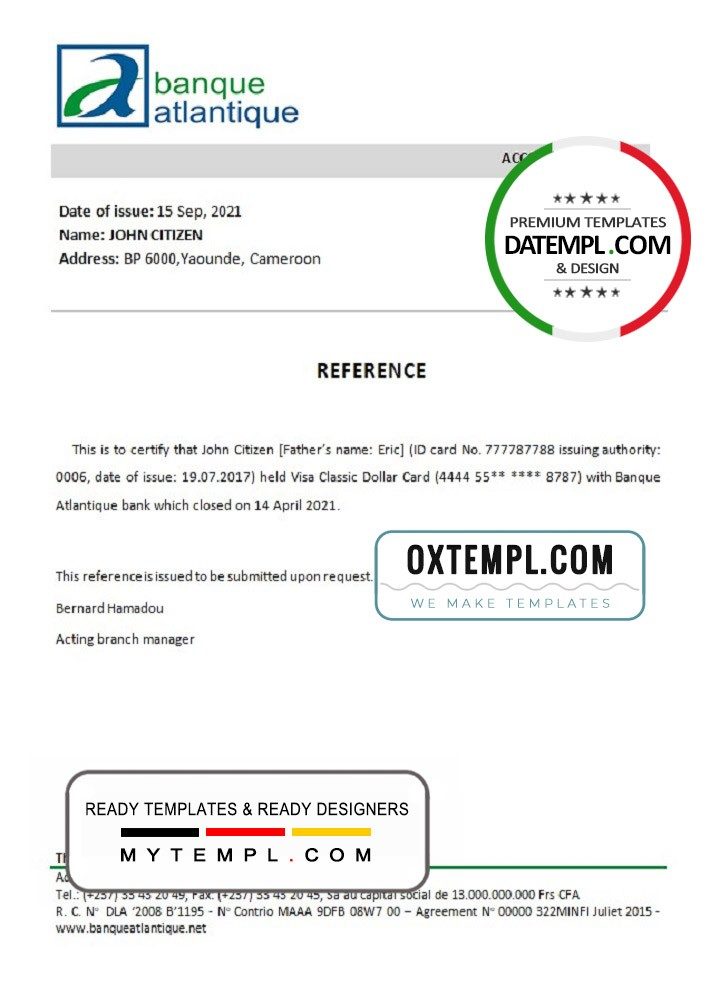Cameroonian The Atlantic bank account closure reference letter example in Word and PDF format