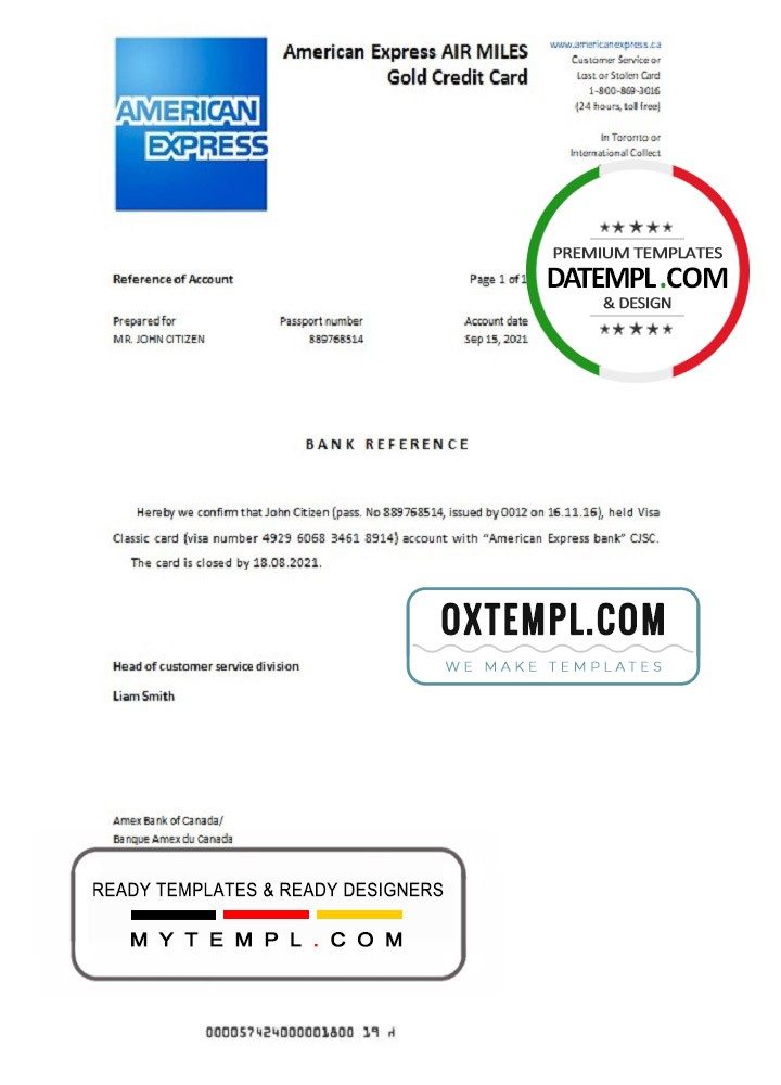 Canadian American Express Air Miles bank account closure reference letter example in Word and PDF format